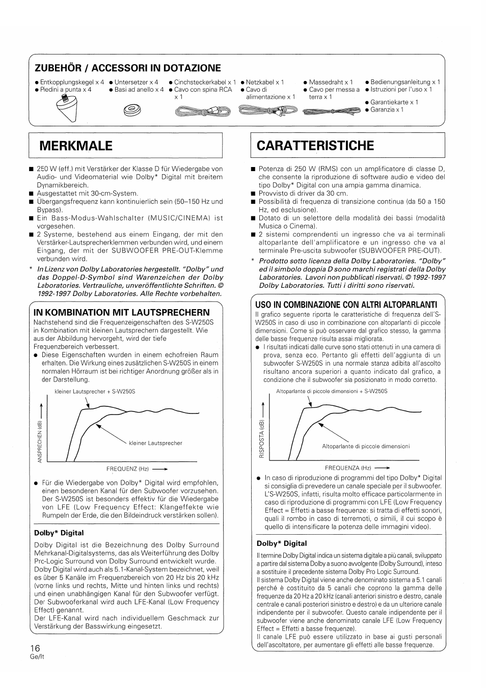 In kombination mit lautsprechern, Dolby^ digital, Uso in combinazione con altri altoparlanti | Zubehör / accessori in dotazione | Pioneer S-W250S-W User Manual | Page 16 / 52