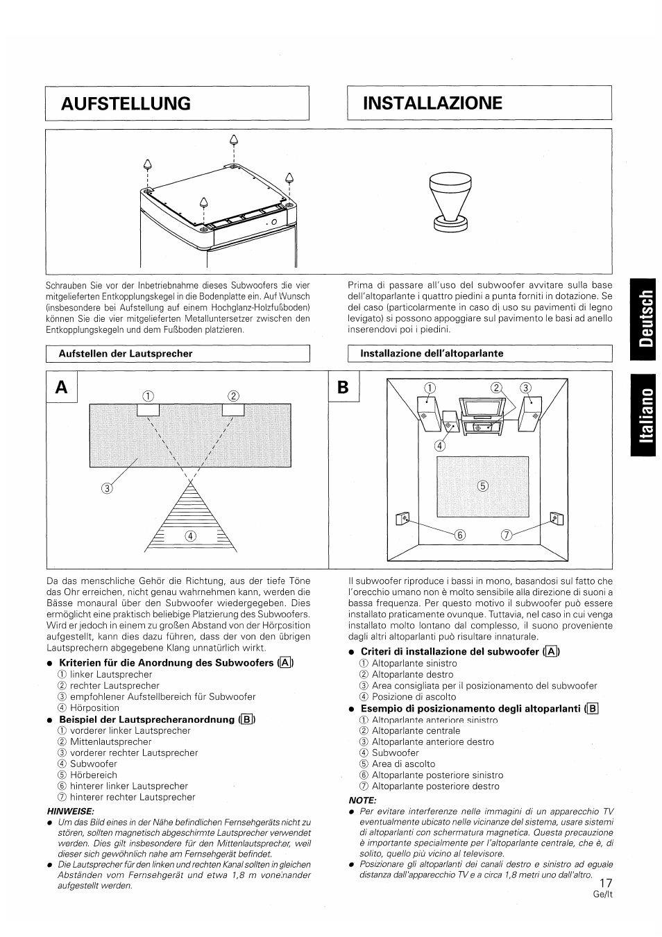 Aufstellen der lautsprecher, Installazione dell'altoparlante | Pioneer S-W250S-W User Manual | Page 17 / 52