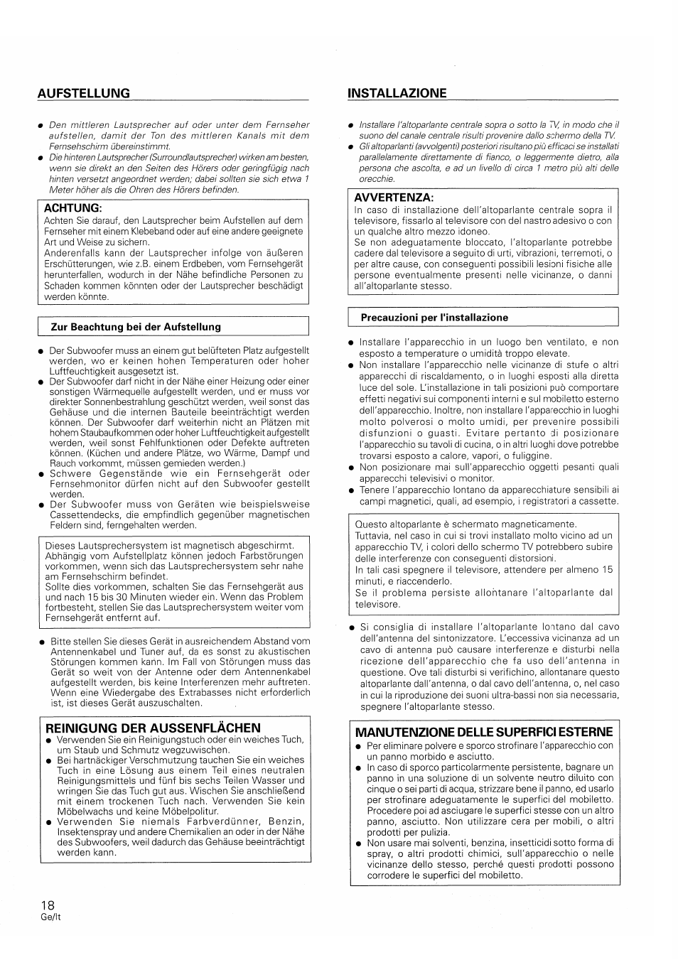 Zur beachtung bei der aufstellung, Precauzioni per l'installazione, Aufstellung installazione | Reinigung der aussenflachen, Manutenzione delle superfici esterne, Achtung, Avvertenza | Pioneer S-W250S-W User Manual | Page 18 / 52