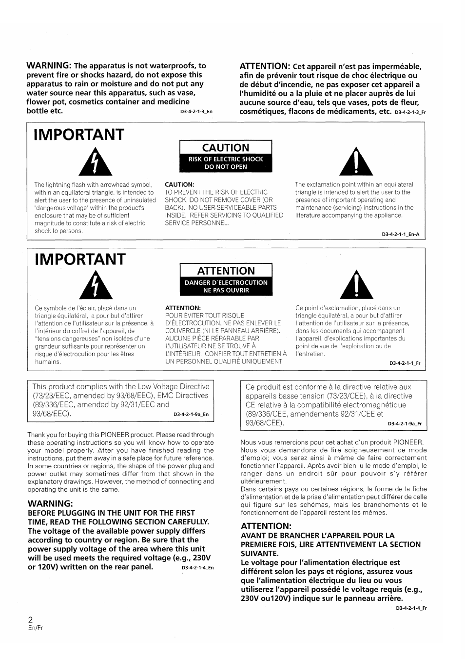 Important, Warning, Attention | Caution | Pioneer S-W250S-W User Manual | Page 2 / 52