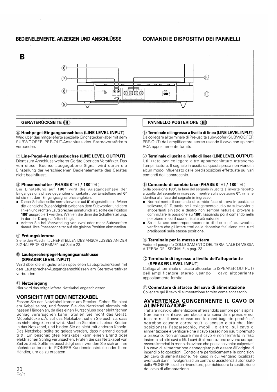Bedienelemente. anzeigen und anschlüsse, Comandi e dispositivi dei pannelli, Hochpegel-eingangsanschluss (line level input) | 7) line-pegel-anschlussbuchse (line level output), Phasenschalter (phase 0° h / 180° cl ), Erdungsklemme, Netzeingang, Vorsicht mit dem netzkabel, Comando di cambio fase (phase 0° iu / 180° ci ), Terminale per la messa a terra | Pioneer S-W250S-W User Manual | Page 20 / 52