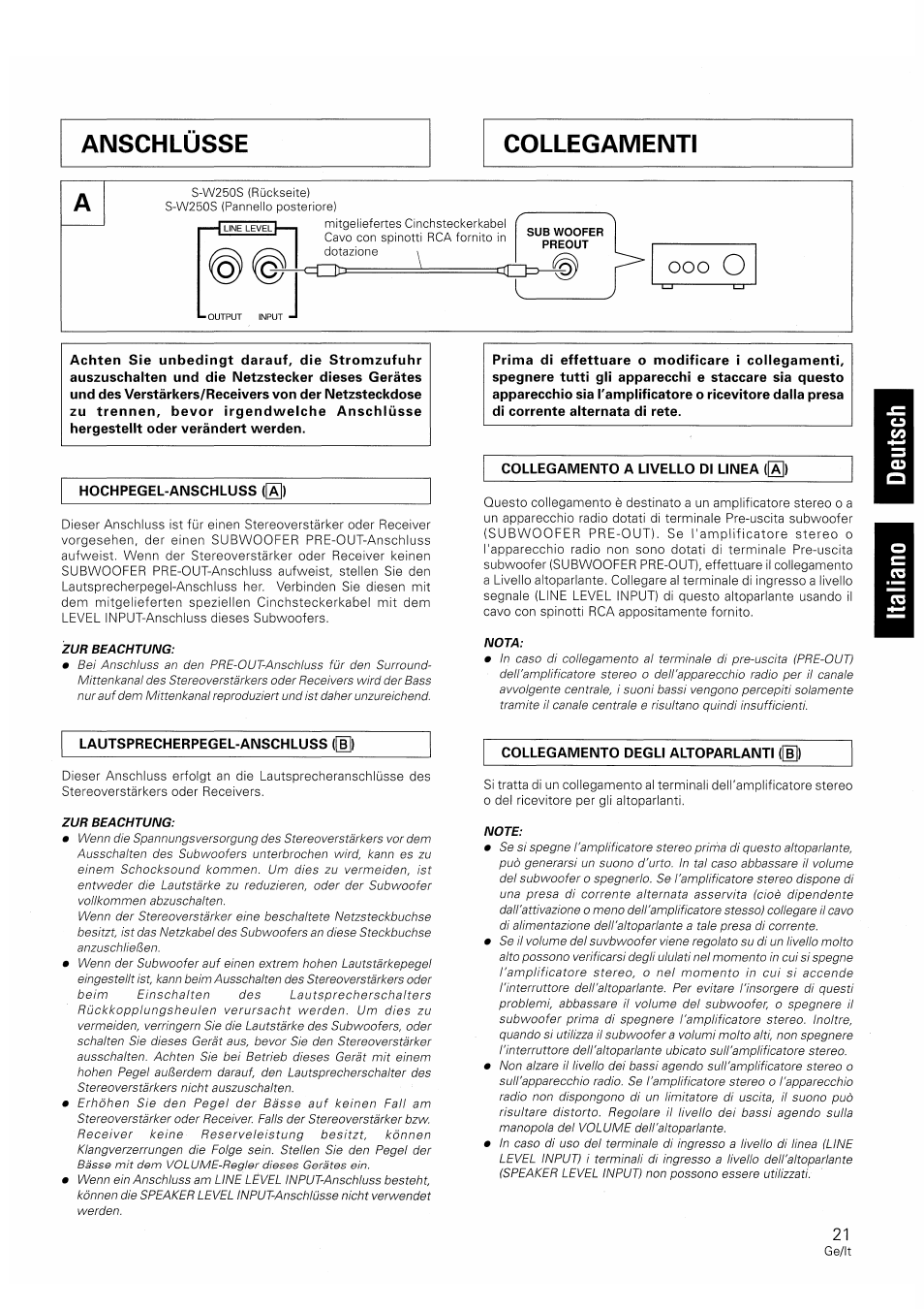 Collegamento a livello di linea ([ä]), Lautsprecherpegel-anschluss ([g), Collegamento degli altoparlanti ([g) | Ooo o | Pioneer S-W250S-W User Manual | Page 21 / 52