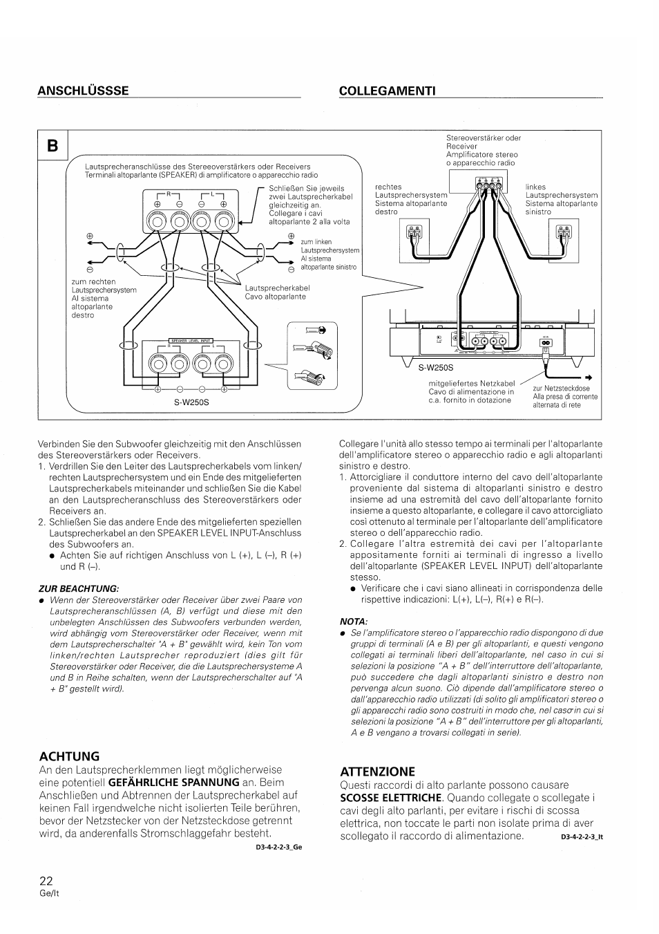 Achtung, Attenzione, Anschlüssse collegamenti | Pioneer S-W250S-W User Manual | Page 22 / 52