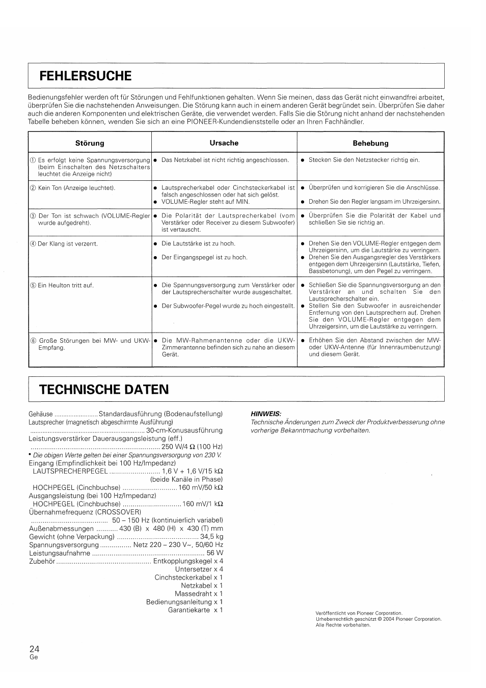 Störung, Ursache, Behebung | Technische daten | Pioneer S-W250S-W User Manual | Page 24 / 52