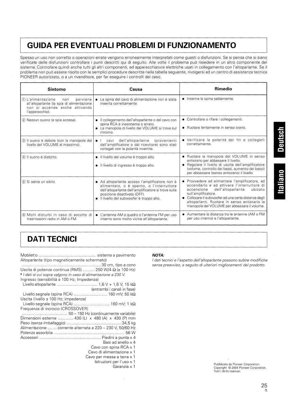 Sintomo, Causa, Rimedio | Pioneer S-W250S-W User Manual | Page 25 / 52