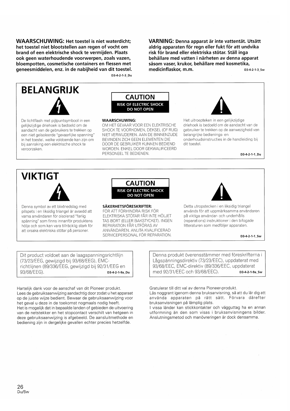 Belangrijk, Viktigt, Caution | Pioneer S-W250S-W User Manual | Page 26 / 52