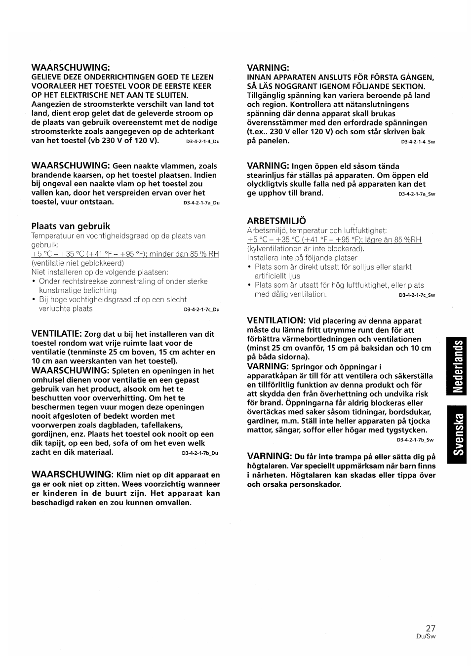 Waarschuwing, Varning, Plaats van gebruik | Arbetsmiljö, Ventilatie, Ventilation | Pioneer S-W250S-W User Manual | Page 27 / 52
