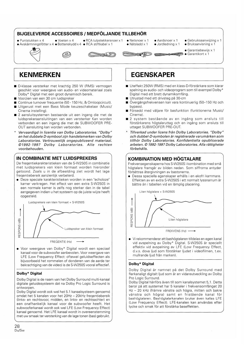 Bijgeleverde accessoires / medfoljande tillbehor, In combinatie met luidsprekers, Dolby^ digital | Kombination med högtalare | Pioneer S-W250S-W User Manual | Page 28 / 52