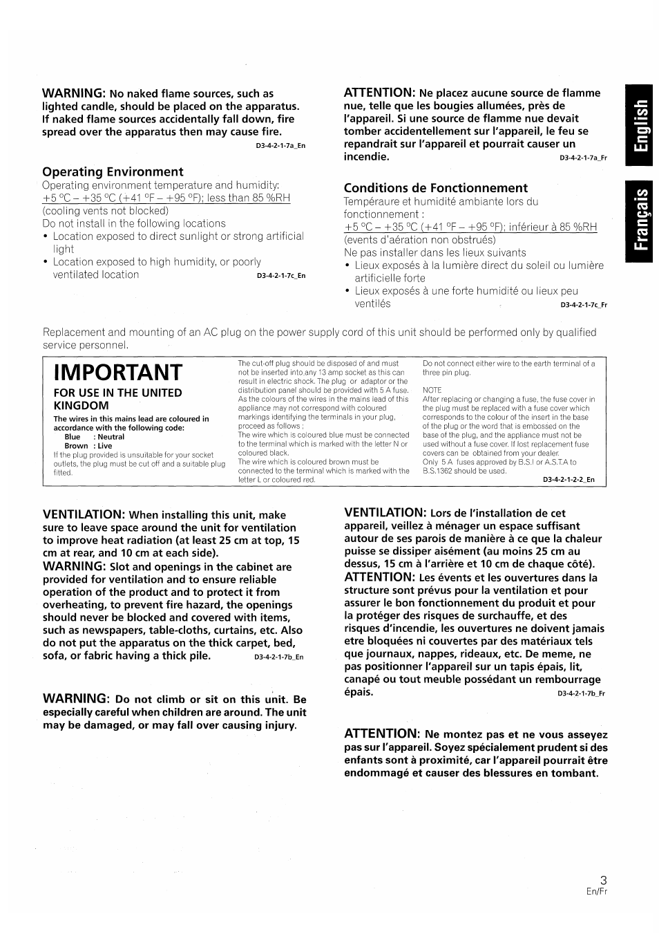 Operating environment, Conditions de fonctionnement, Important | Warning, Attention, Ventilation | Pioneer S-W250S-W User Manual | Page 3 / 52