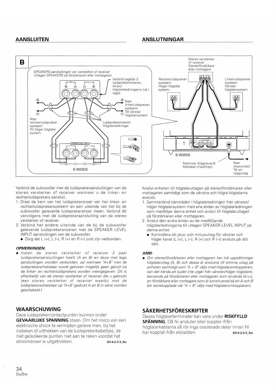 Waarschuwing, Sakerhetsforeskrifter, Aansluiten anslutningar | Pioneer S-W250S-W User Manual | Page 34 / 52