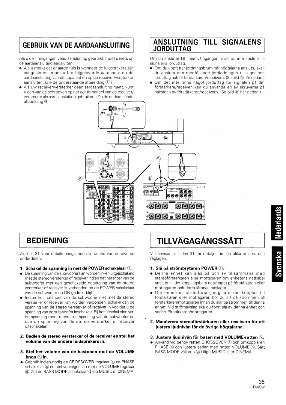 Schäkel de spanning in met de power schakelaar, Slà pa strömbrytaren power, Justera ljudnivan för basen med volume-ratten | Anslutning till signalens jorduttag | Pioneer S-W250S-W User Manual | Page 35 / 52