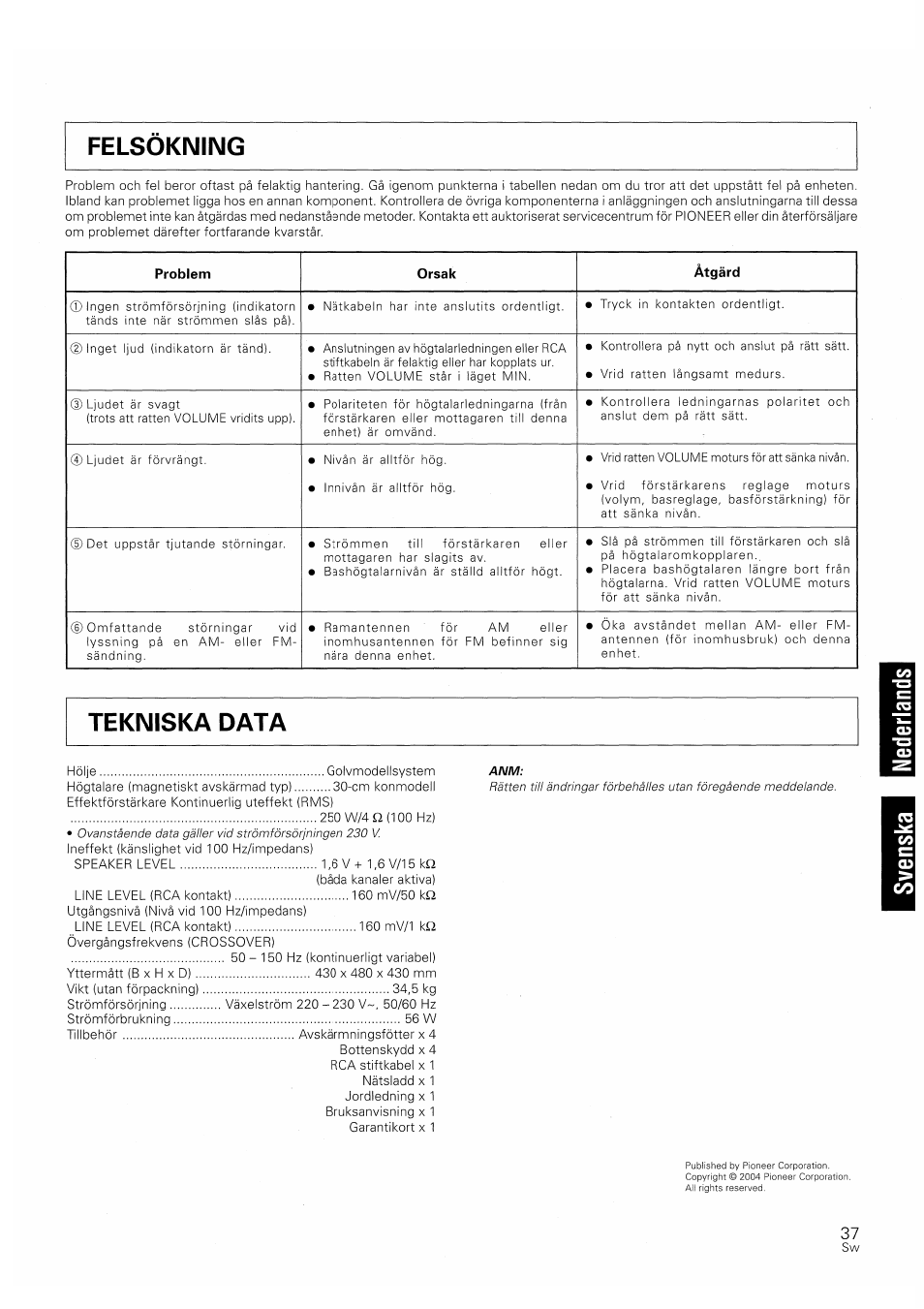 Problem, Orsak, Ätgärd | Problem orsak ätgärd | Pioneer S-W250S-W User Manual | Page 37 / 52