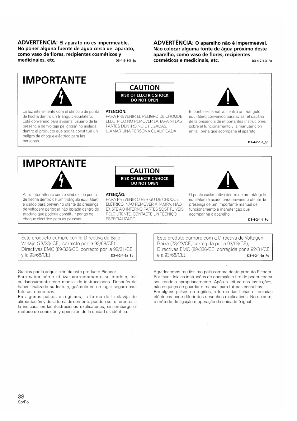 Importante, Caution | Pioneer S-W250S-W User Manual | Page 38 / 52
