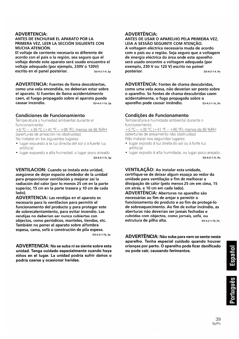 Advertencia, Condiciones de funcionamiento, Condigoes de funcionamento | Advertència, Ventilacion, Ventilaq!áo | Pioneer S-W250S-W User Manual | Page 39 / 52