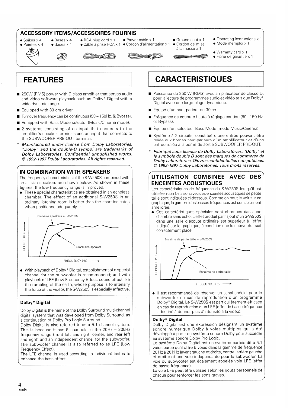 Accessory items/accessoires fournis, In combination with speakers, Dolby^ digital | Pioneer S-W250S-W User Manual | Page 4 / 52