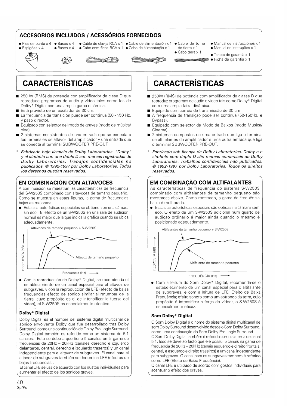 Accesorios incluidos / acessórios fornecidos, En combinación con altavoces, Dolby^ digital | Em combinaqào com altifalantes, Som dolby* digital | Pioneer S-W250S-W User Manual | Page 40 / 52
