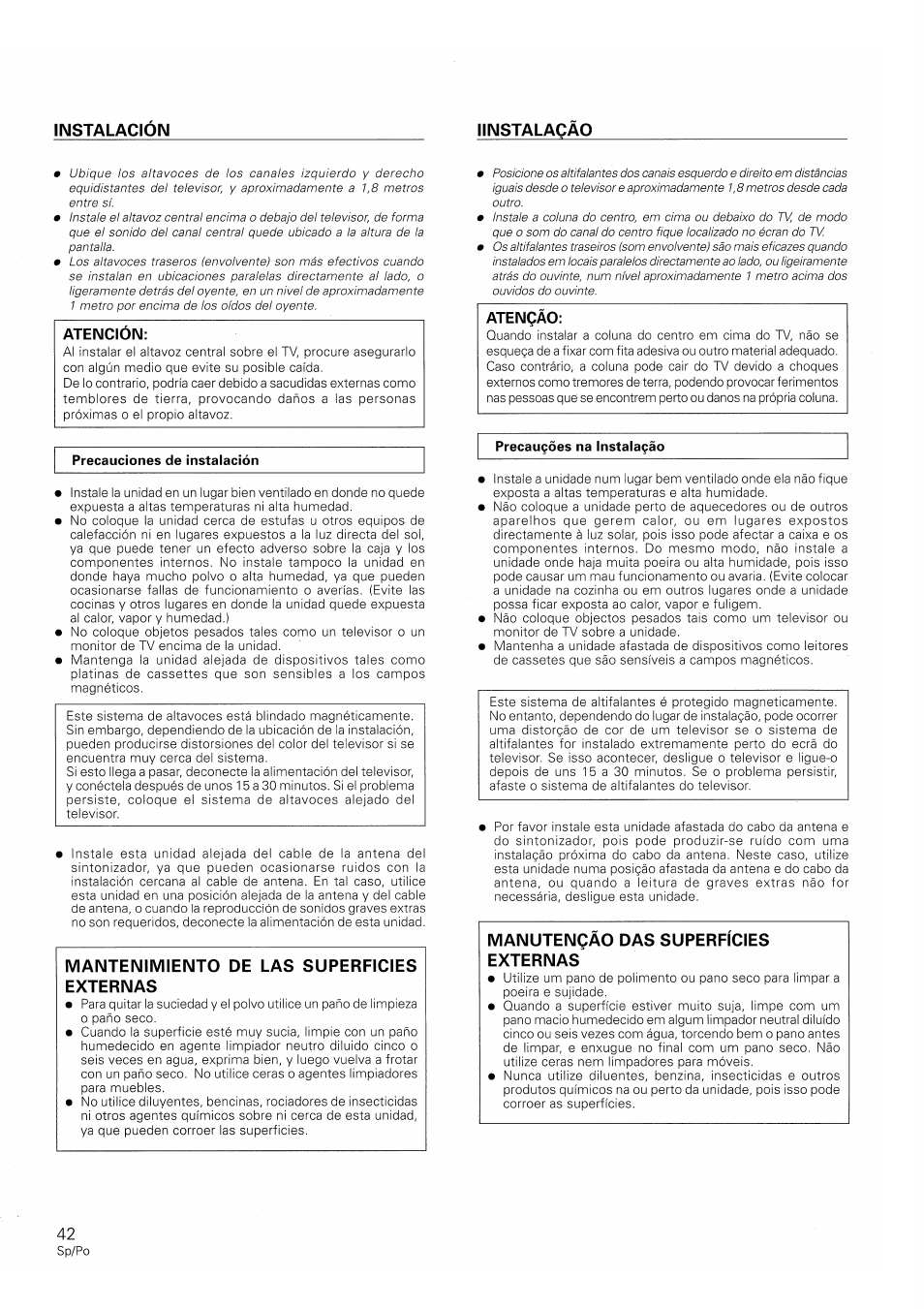 Precauciones de instalación, Mantenimiento de las superficies externas, Precauçôes na instalaçâo | Instalacion linstalaçào, Manutenqào das superficies externas, Atención, Atenqao | Pioneer S-W250S-W User Manual | Page 42 / 52