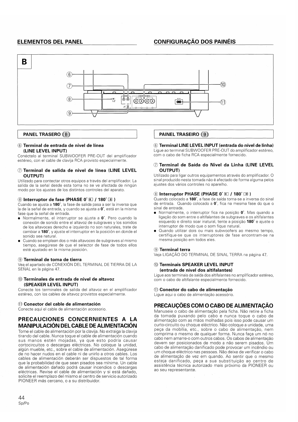 Configuracào dos painéis, Precauqòes com o cabo de alimentaqáo, Elementos del panel configuracào dos painéis | Pioneer S-W250S-W User Manual | Page 44 / 52