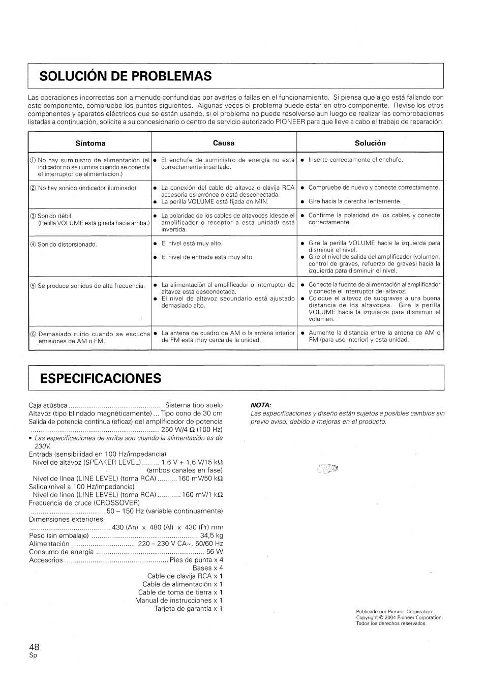 Síntoma, Causa, Solución | Pioneer S-W250S-W User Manual | Page 48 / 52