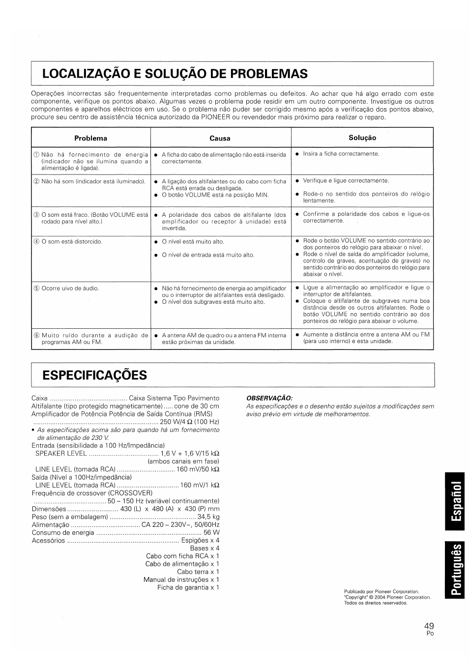 Problema, Causa, Soluçâo | Pioneer S-W250S-W User Manual | Page 49 / 52