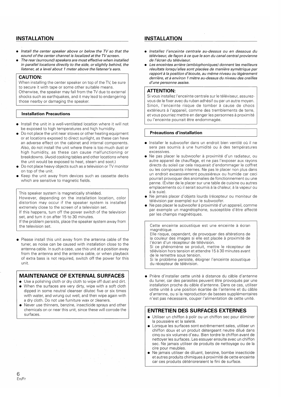 Installation precautions, Maintenance of external surfaces, Précautions d'installation | Entretien des surfaces externes, Installation, Caution, Attention | Pioneer S-W250S-W User Manual | Page 6 / 52