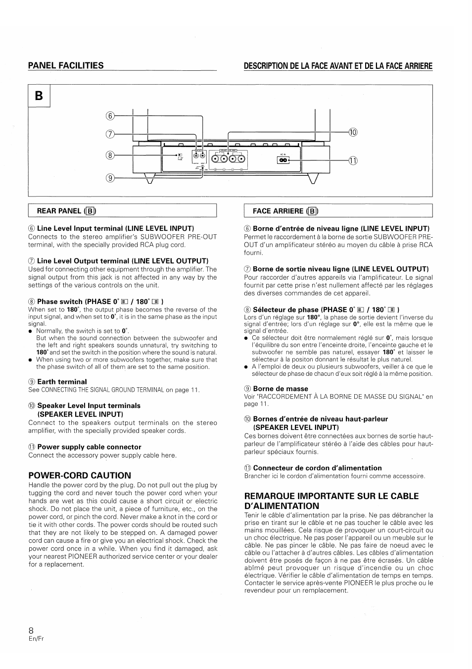 Description de la face avant et de la face arriere, Line level input terminal (line level input), Line level output terminal (line level output) | Phase switch (phase 0° e / 180° ei ), Earth terminal, O power supply cable connector, Power-cord caution, Borne d'entrée de niveau ligne (line level input), Borne de sortie niveau ligne (line level output), Sélecteur de phase (phase 0° h / 180° œ ) | Pioneer S-W250S-W User Manual | Page 8 / 52