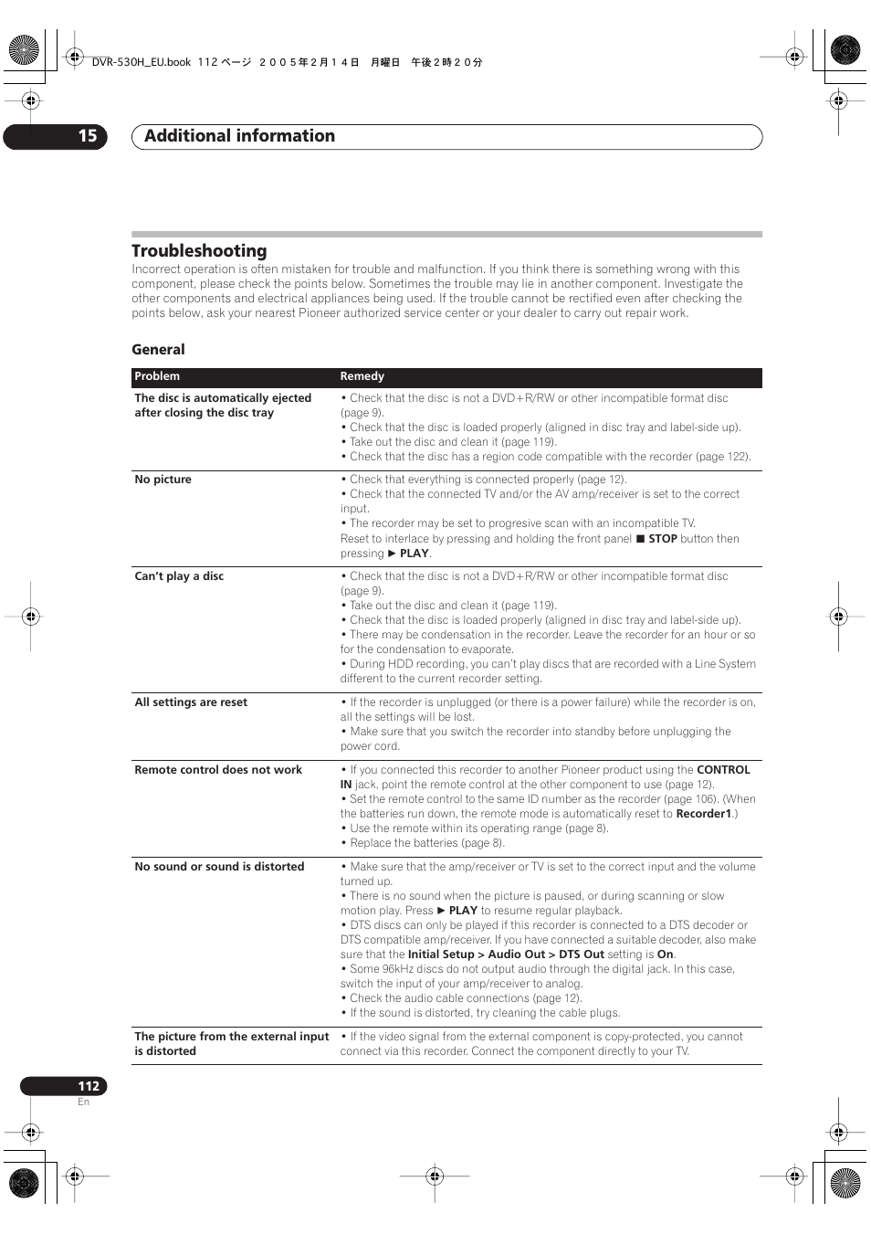 Troubleshooting, Additional information 15, General | Pioneer DVR-530H-S User Manual | Page 112 / 128