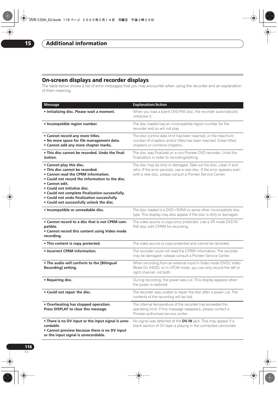 On-screen displays and recorder displays, Additional information 15 | Pioneer DVR-530H-S User Manual | Page 118 / 128