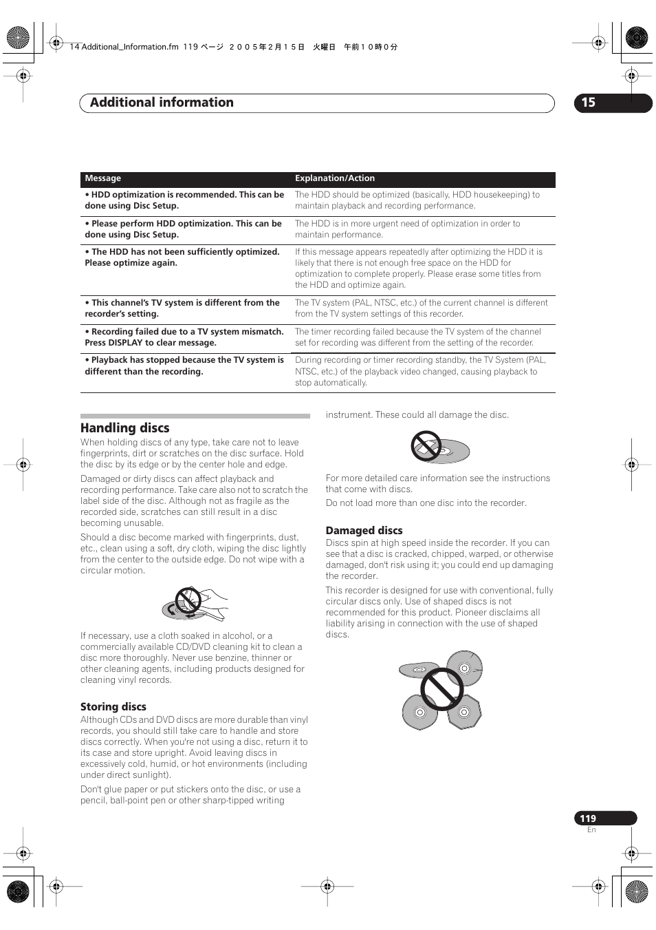 Handling discs, Additional information 15 | Pioneer DVR-530H-S User Manual | Page 119 / 128