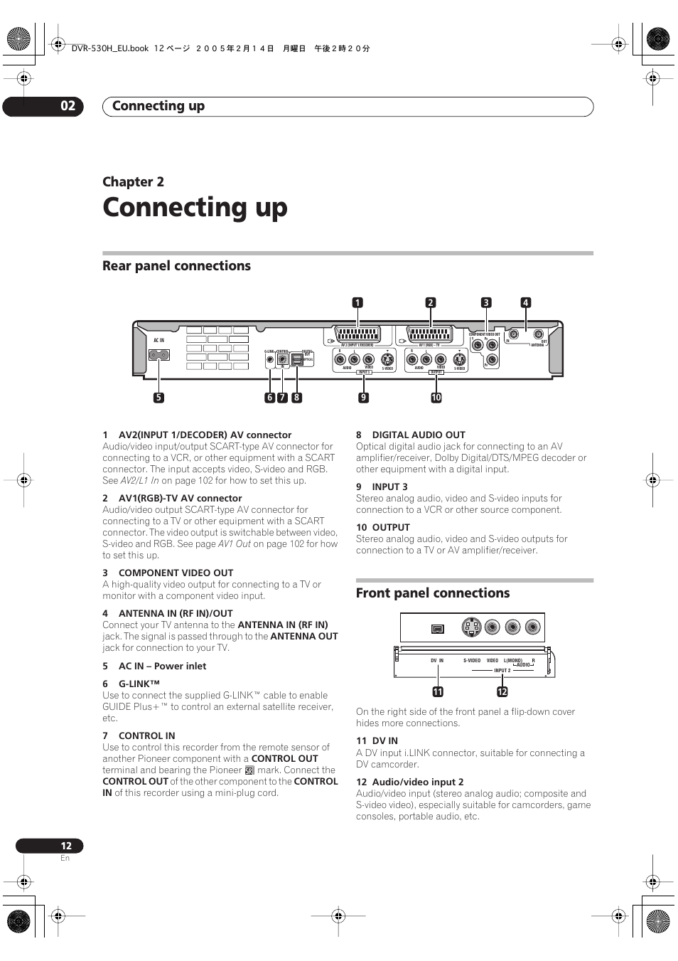 02 connecting up, Rear panel connections, Front panel connections | Connecting up, Connecting up 02, Chapter 2 | Pioneer DVR-530H-S User Manual | Page 12 / 128