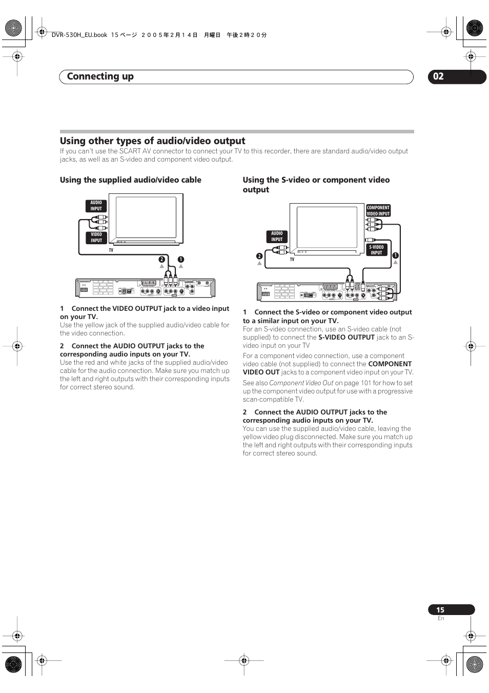 Using other types of audio/video output, Connecting up 02, Using the supplied audio/video cable | Using the s-video or component video output, S-video output, Component video out | Pioneer DVR-530H-S User Manual | Page 15 / 128