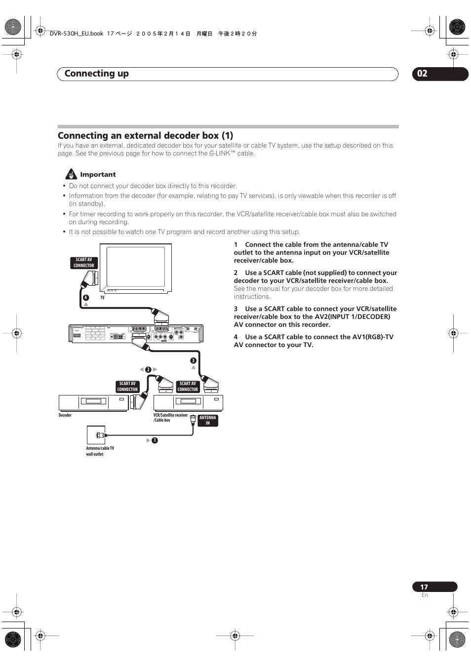 Connecting an external decoder box (1), Connecting up 02, Important | Pioneer DVR-530H-S User Manual | Page 17 / 128