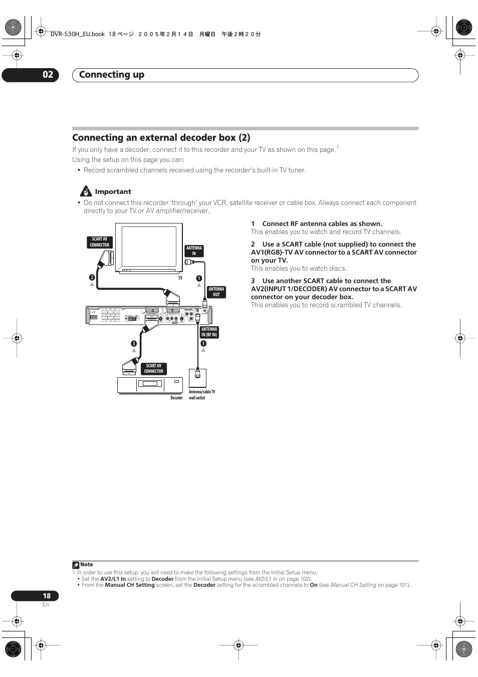 Connecting an external decoder box (2), Connecting up 02 | Pioneer DVR-530H-S User Manual | Page 18 / 128