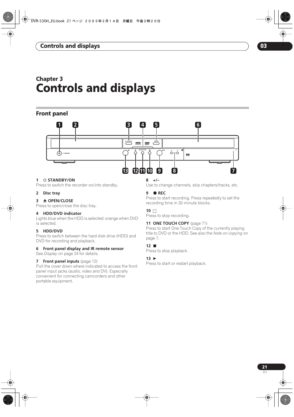 03 controls and displays, Front panel, Controls and displays | Controls and displays 03, Chapter 3 | Pioneer DVR-530H-S User Manual | Page 21 / 128