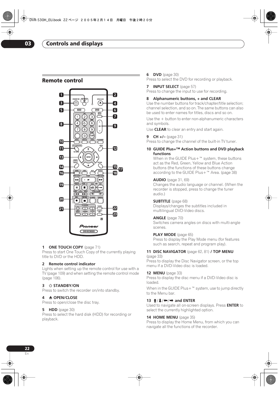Remote control, Controls and displays 03 | Pioneer DVR-530H-S User Manual | Page 22 / 128