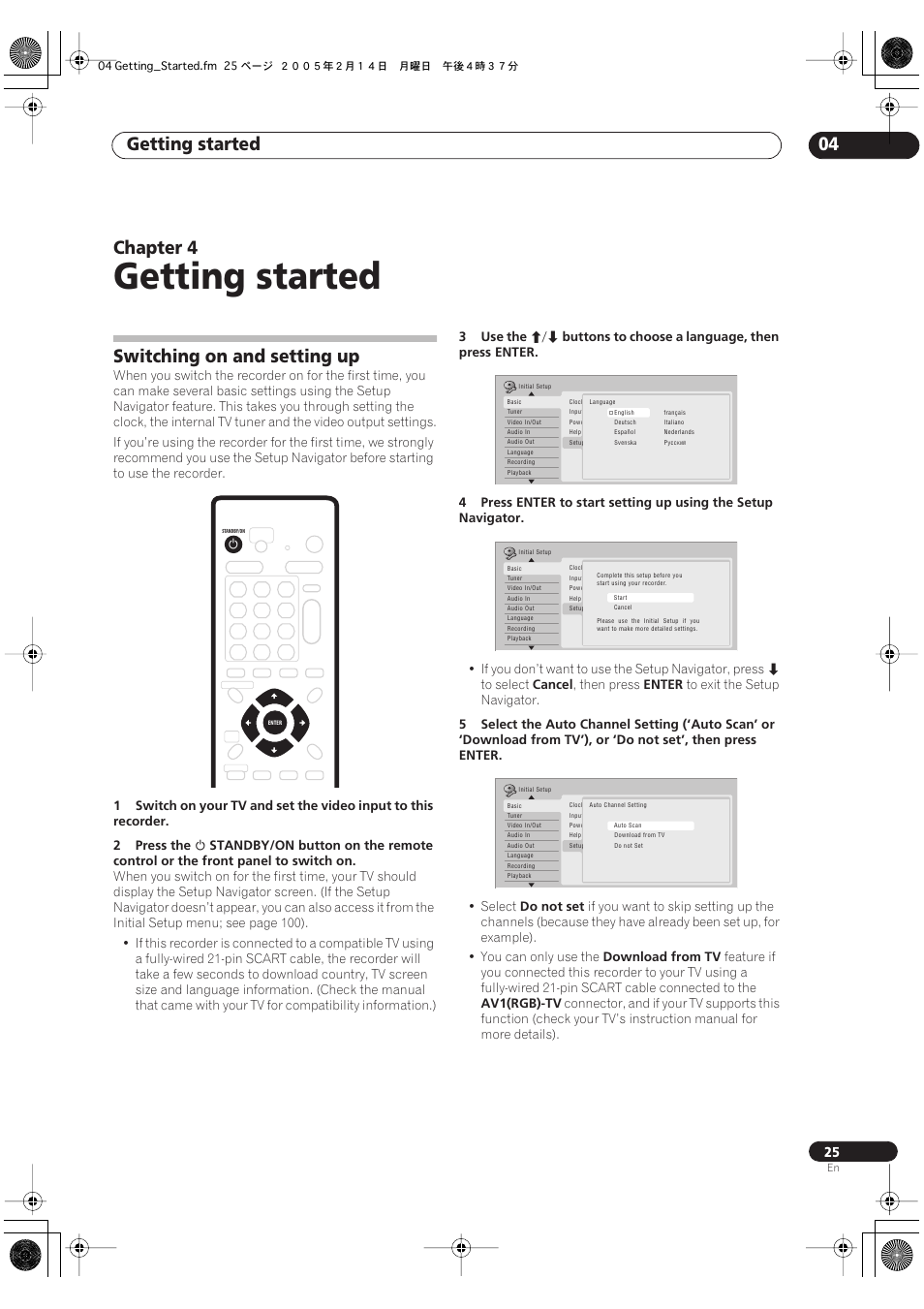 04 getting started, Switching on and setting up, Getting started | Getting started 04, Chapter 4 | Pioneer DVR-530H-S User Manual | Page 25 / 128