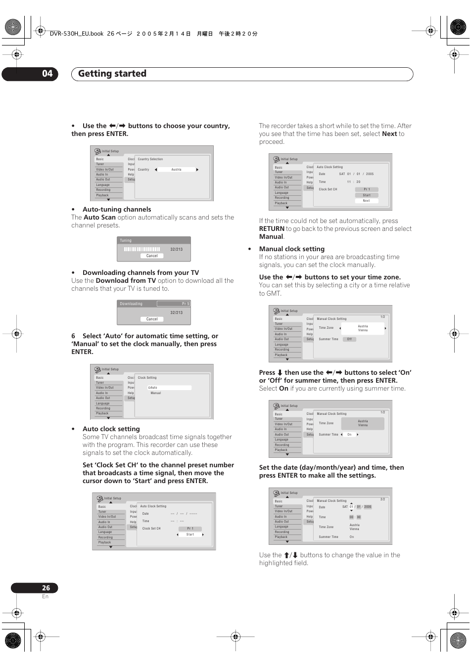 Getting started 04, Use the, Auto scan | Downloading channels from your tv, Download from tv, Next, Return, Manual, Manual clock setting, Buttons to set your time zone | Pioneer DVR-530H-S User Manual | Page 26 / 128