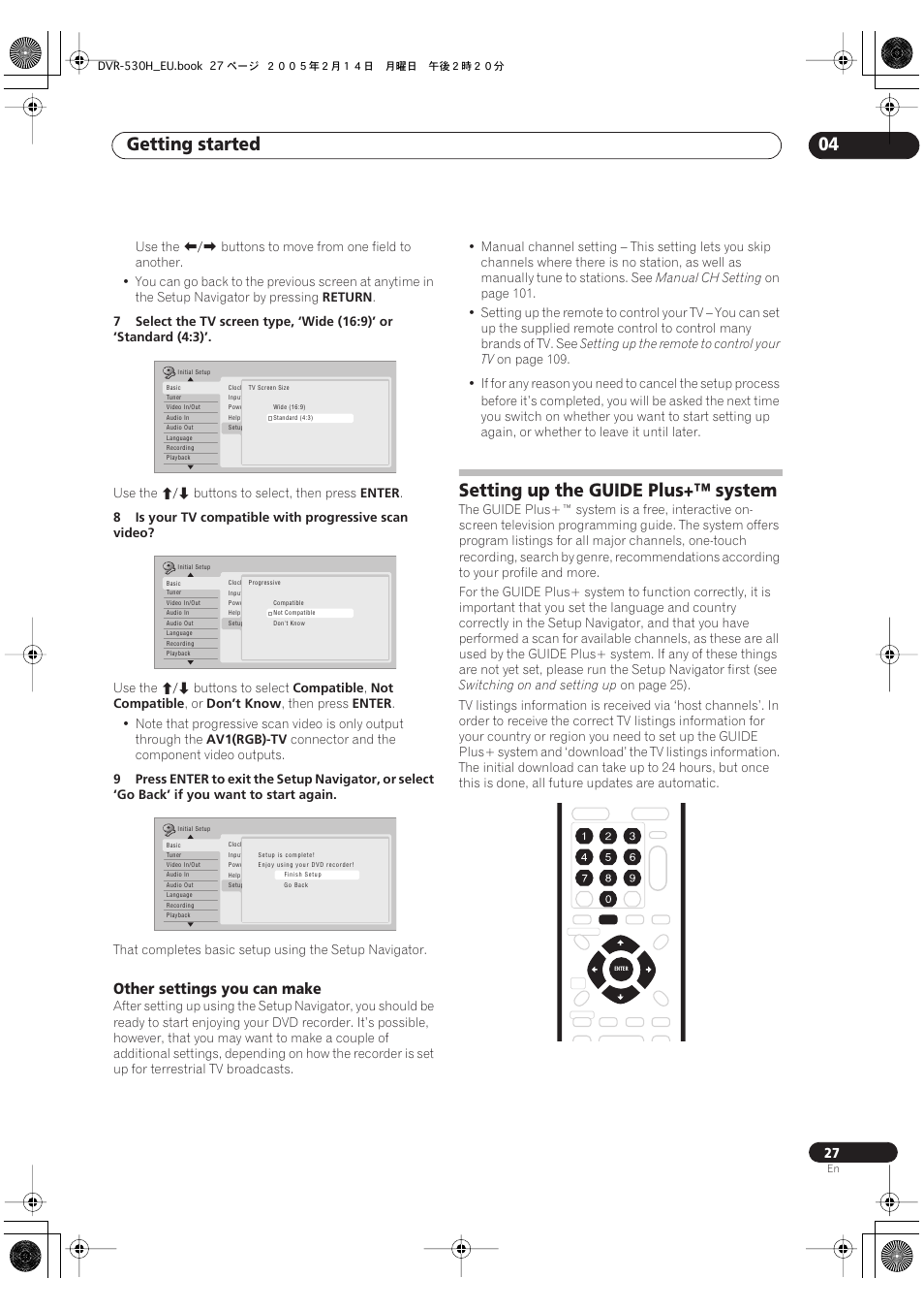 Setting up the guide plus+™ system, Getting started 04, Other settings you can make | Pioneer DVR-530H-S User Manual | Page 27 / 128