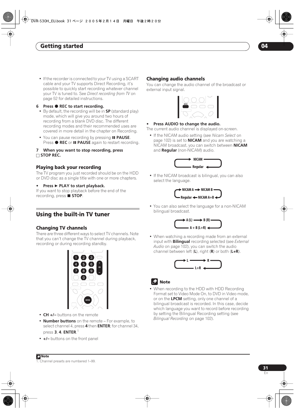 Using the built-in tv tuner, Getting started 04 | Pioneer DVR-530H-S User Manual | Page 31 / 128