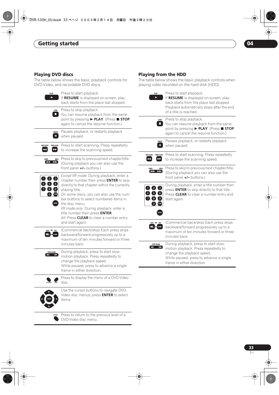 Getting started 04, Playing dvd discs, Playing from the hdd | Pioneer DVR-530H-S User Manual | Page 33 / 128
