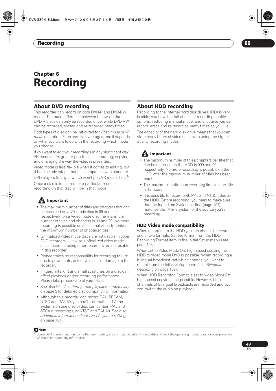 06 recording, About dvd recording, About hdd recording | Recording, Recording 06, Chapter 6 | Pioneer DVR-530H-S User Manual | Page 49 / 128