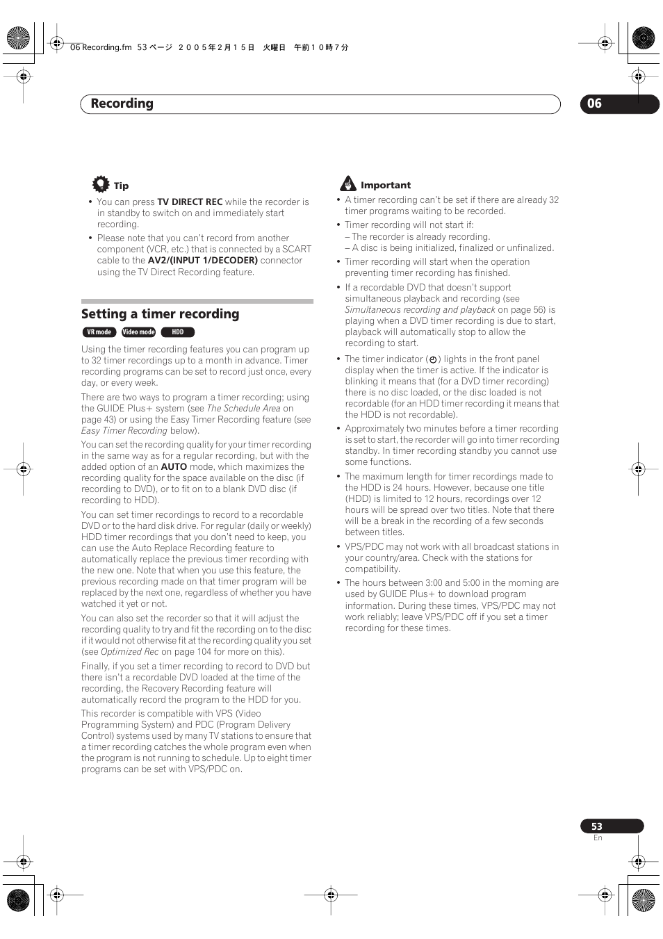 Setting a timer recording, Recording 06 | Pioneer DVR-530H-S User Manual | Page 53 / 128