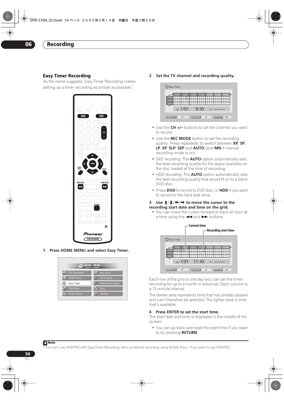 Recording 06, Easy timer recording | Pioneer DVR-530H-S User Manual | Page 54 / 128