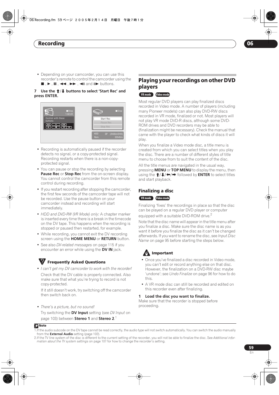 Playing your recordings on other dvd players, Recording 06, Finalizing a disc | Pioneer DVR-530H-S User Manual | Page 59 / 128