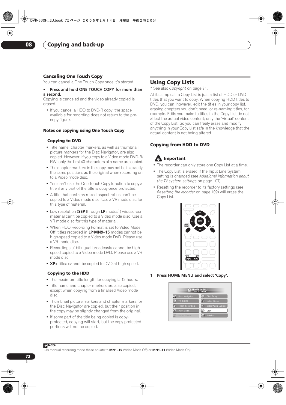 Using copy lists, Copying and back-up 08, Canceling one touch copy | Copying from hdd to dvd | Pioneer DVR-530H-S User Manual | Page 72 / 128