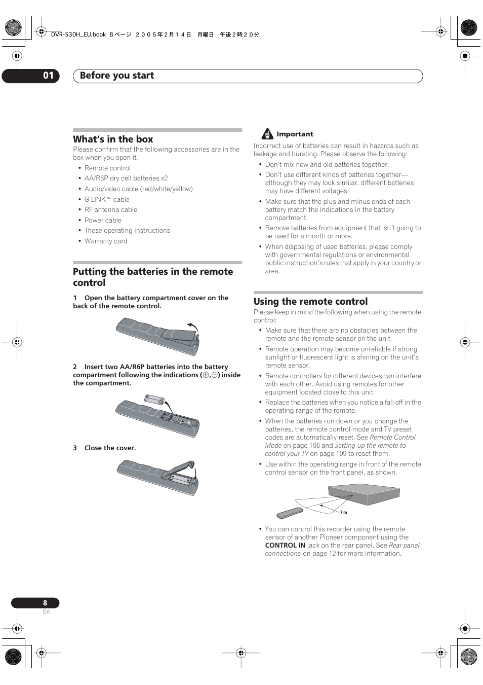 What’s in the box, Putting the batteries in the remote control, Using the remote control | Before you start 01 | Pioneer DVR-530H-S User Manual | Page 8 / 128