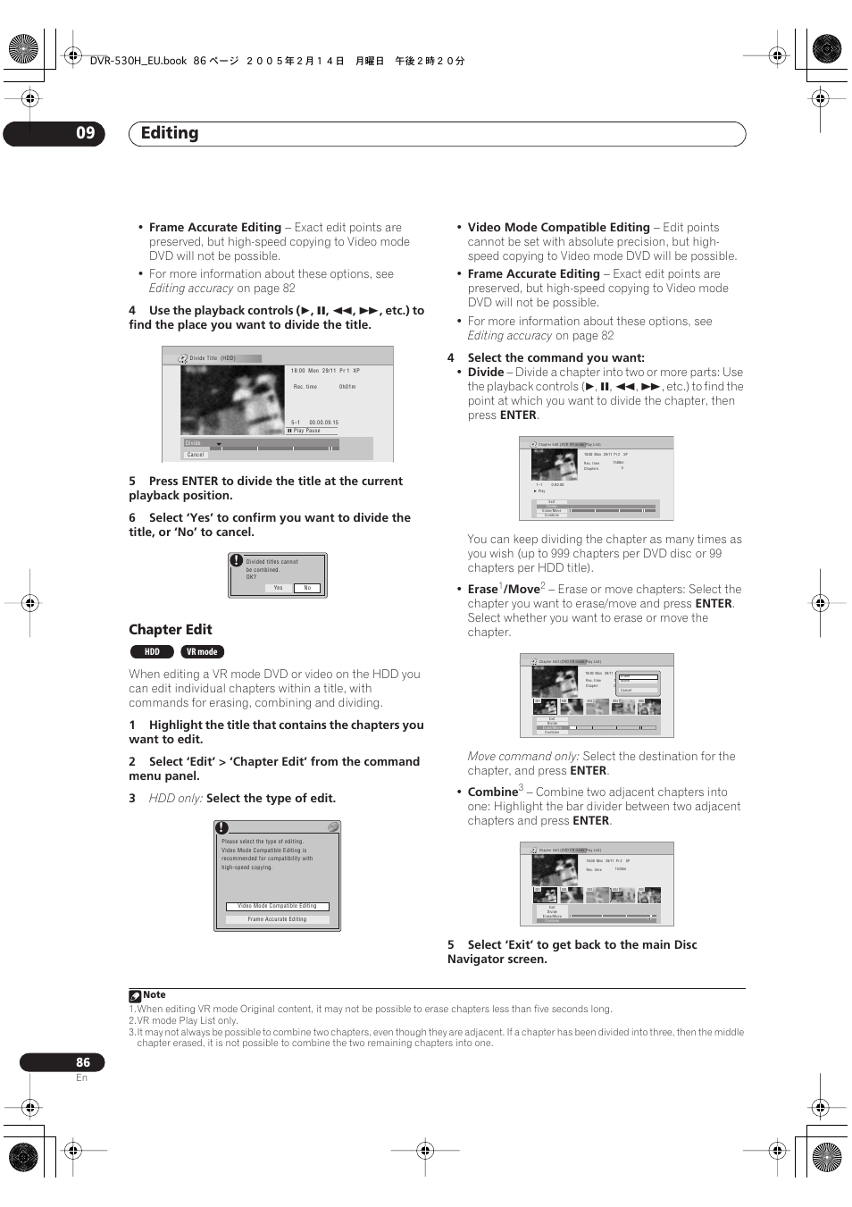Editing 09, Chapter edit | Pioneer DVR-530H-S User Manual | Page 86 / 128