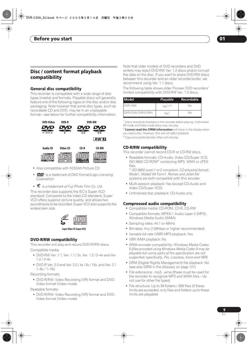 Disc / content format playback compatibility, Before you start 01 | Pioneer DVR-530H-S User Manual | Page 9 / 128