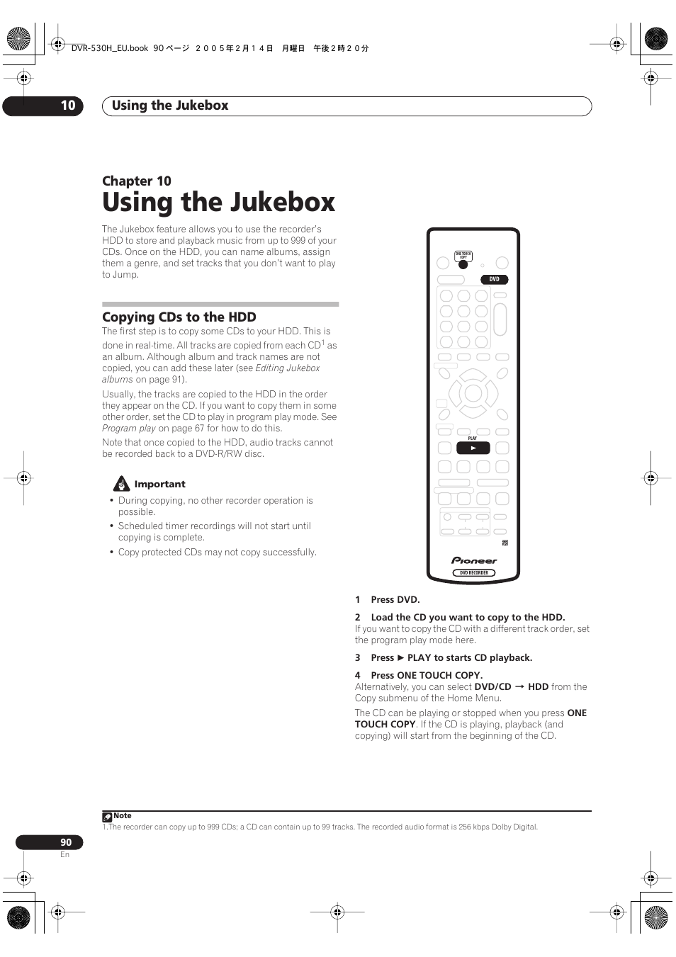 10 using the jukebox, Copying cds to the hdd, Using the jukebox | Using the jukebox 10, Chapter 10 | Pioneer DVR-530H-S User Manual | Page 90 / 128