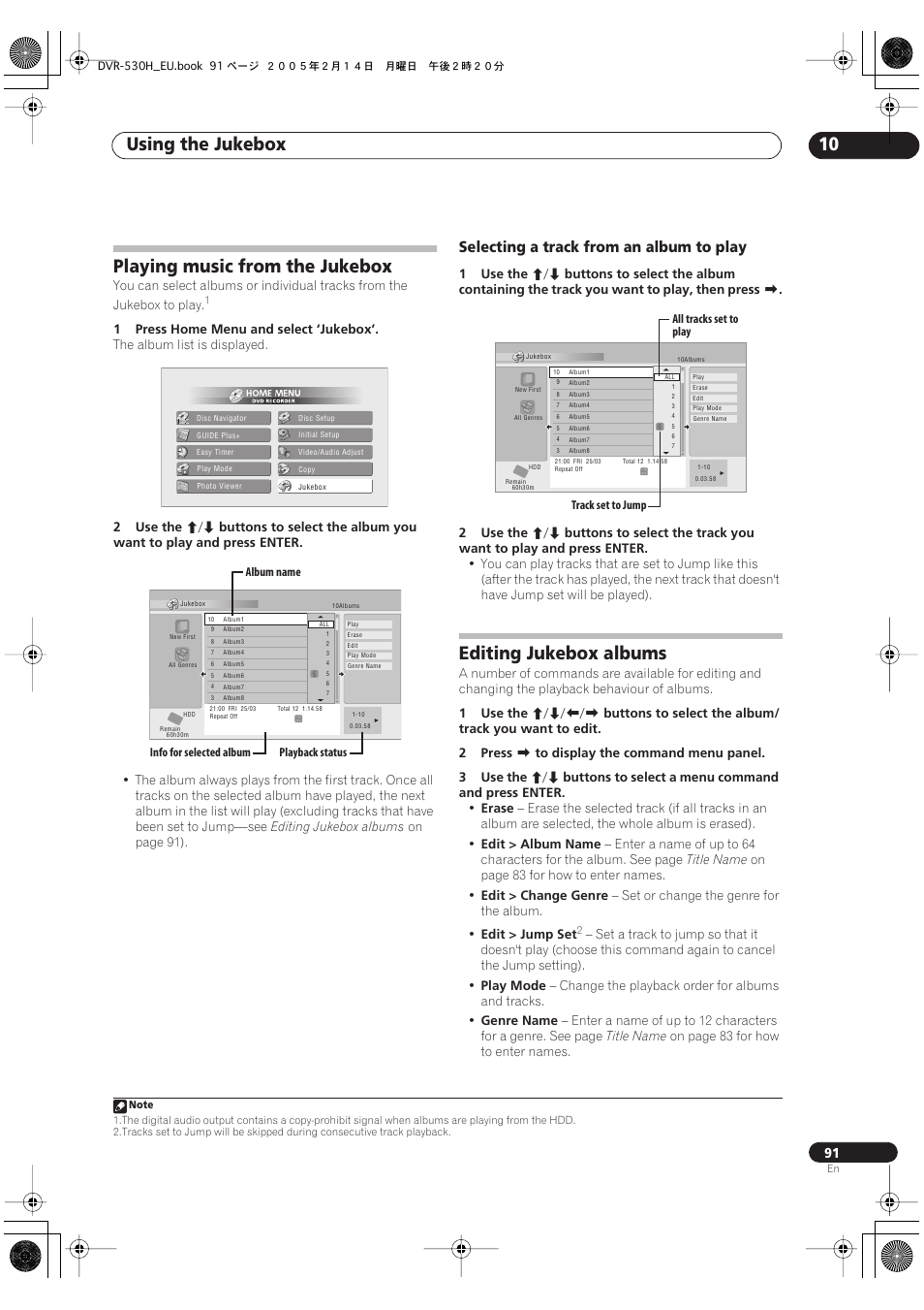 Playing music from the jukebox, Editing jukebox albums, Using the jukebox 10 | Selecting a track from an album to play | Pioneer DVR-530H-S User Manual | Page 91 / 128